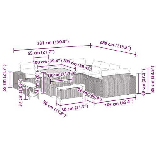 Градински Софа Комплект с възглавница 13 pcs Черно полиратан