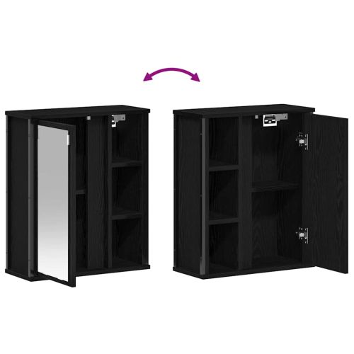 Стенен шкаф за баня с огледало черно и дъб 50x21x60 cm