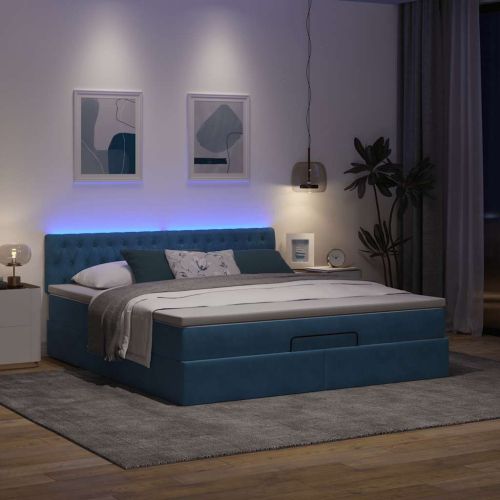 Османска легло с матрак и LED, тъмносиньо, 160x200 см, кадифе
