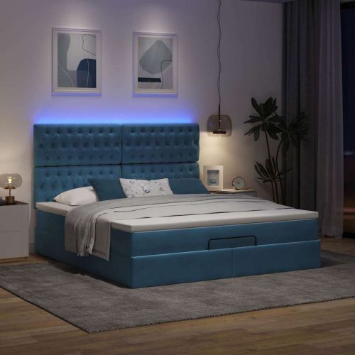 Османска легло с матраци и LED, тъмносиньо, 160x200 см, кадифе
