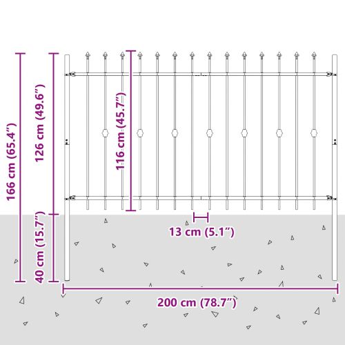 Шипова ограда Черно 200 x 130 см Прахово боядисана стомана