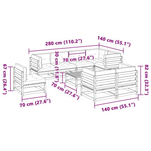 Градински комплект диван с възглавници 9 части, импрегниран бор