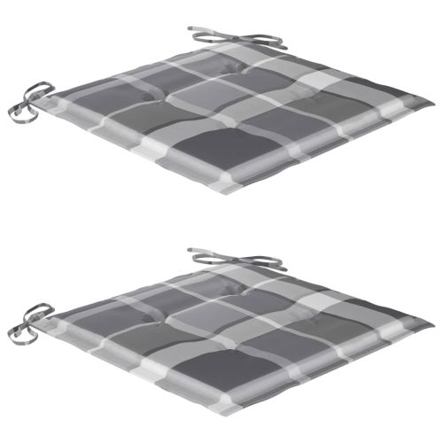 Градински столове, 2 бр, възглавници на сиво каре, тик масив