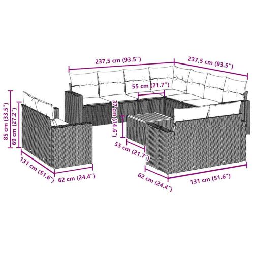 Градински диван с възглавници, 12 части, черен, полиратан
