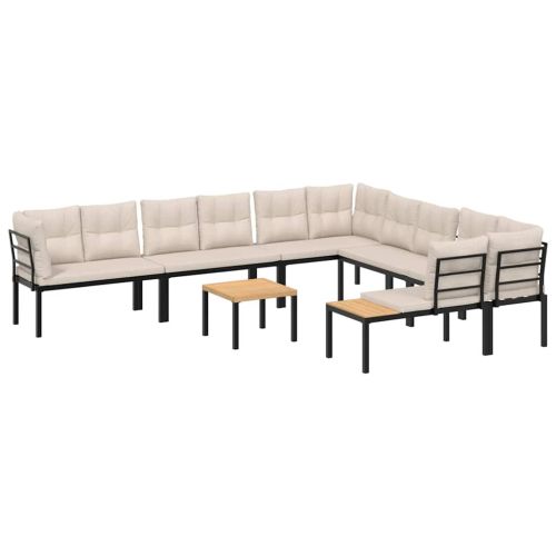 Комплект градински диван от 7 части с възглавници черен стомана