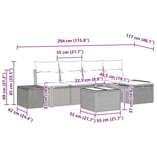 Градински Софа Комплект с възглавница 6 pcs Черно полиратан
