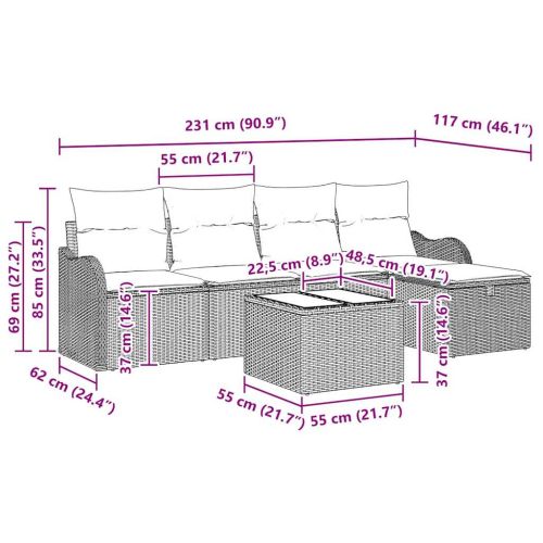 Градински Софа Комплект с възглавница 6 pcs Черно полиратан