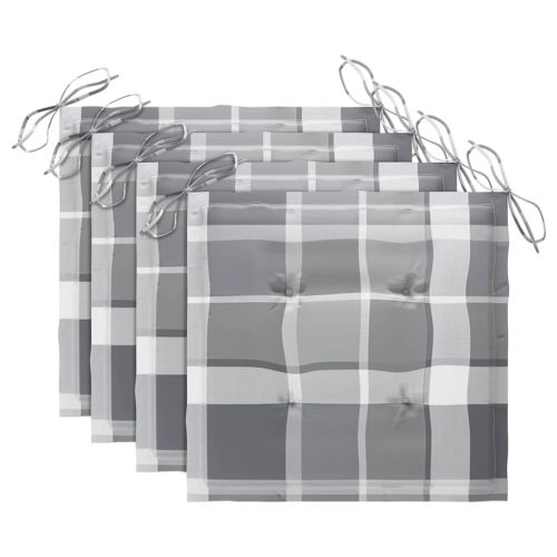 Градински столове, 4 бр, възглавници на сиво каре, тик масив