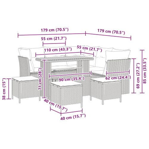 Градински Софа Комплект с възглавница 9 pcs Черно