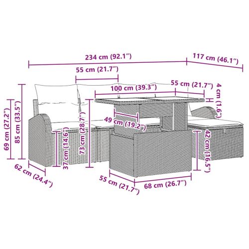 Градински Софа Комплект с възглавница 6 pcs Черно Полиратан