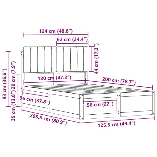 Леглова рамка с тапицирана гръбна част Светлосиво 120 x 200 cm