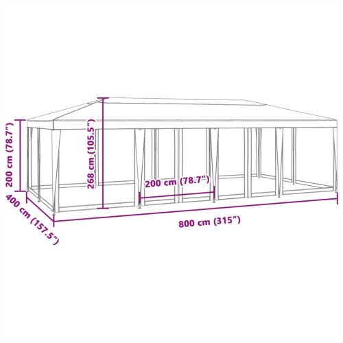 Парти палатка с 12 мрежести странични стени, бели, 8x4 м, HDPE
