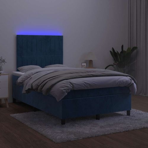 Боксспринг легло с матрак и LED, тъмносиньо, 120x190 см, кадифе