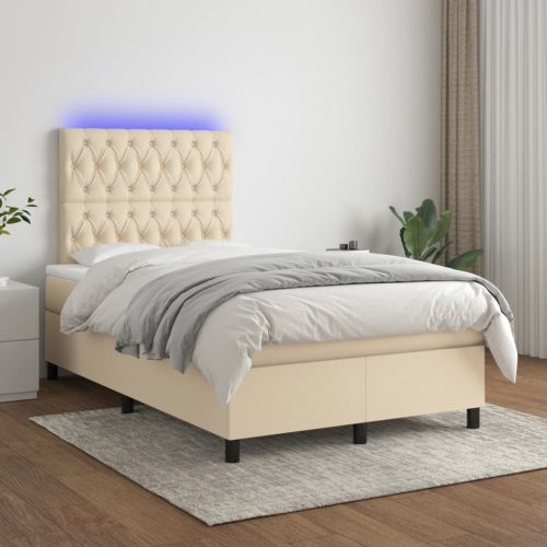 Боксспринг легло с матрак и LED, кремаво, 120x190 см, плат
