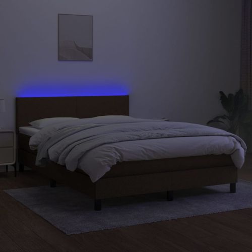 Боксспринг легло с матрак и LED, тъмнокафяво, 140x190 см, плат