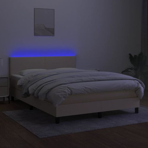 Боксспринг легло с матрак и LED, кремаво, 140x190 см, плат