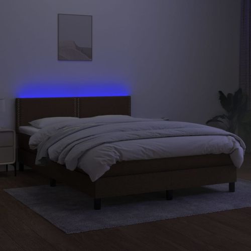 Боксспринг легло с матрак и LED, тъмнокафяво, 140x190 см, плат