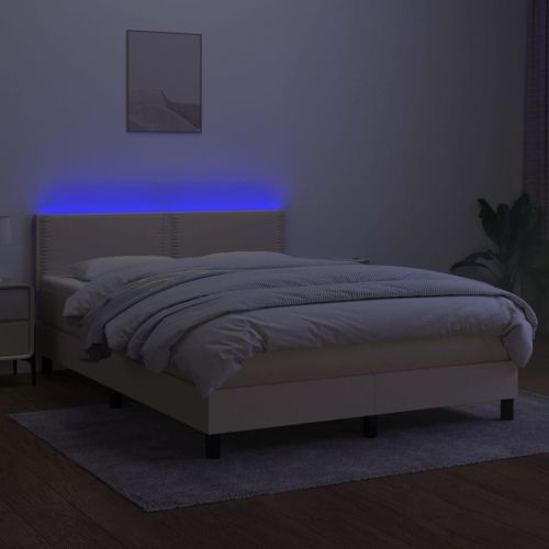 Боксспринг легло с матрак и LED, кремаво, 140x190 см, плат