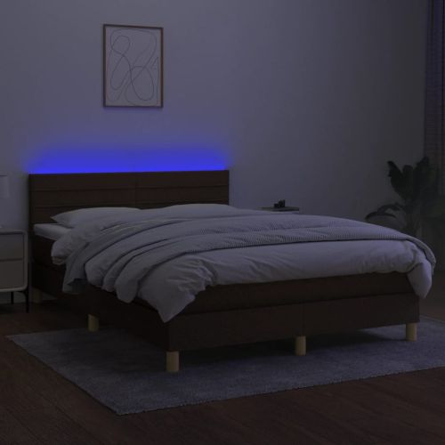 Боксспринг легло с матрак и LED, тъмнокафяво, 140x190 см, плат