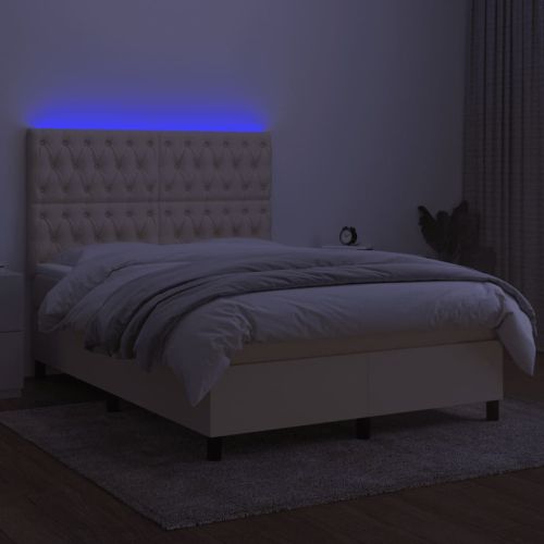 Боксспринг легло с матрак и LED, кремаво, 140x190 см, плат