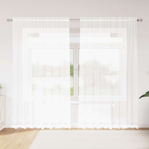 Перде от дантела С завеси Флорален Бяло 200 x 200 cm Полиестер