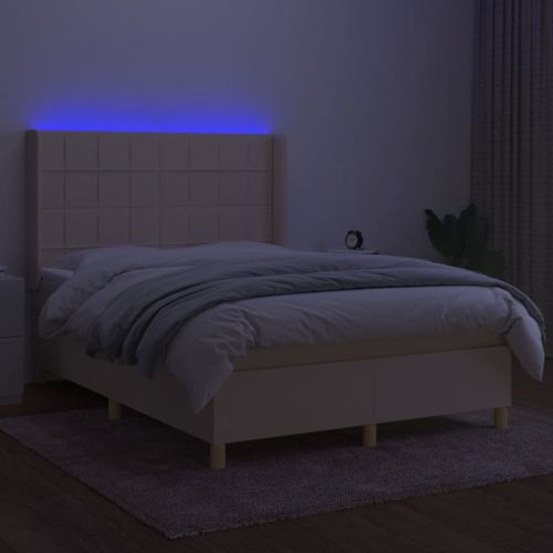 Боксспринг легло с матрак и LED, кремаво, 140x190 см, плат