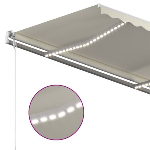 Ръчно прибиращ се сенник с LED, 450x350 см, кремав