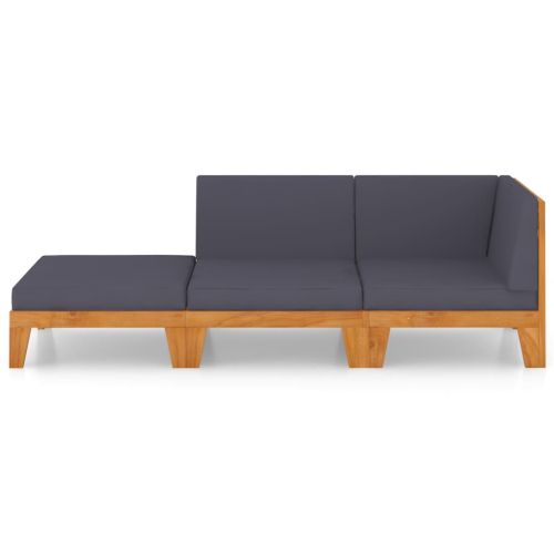 Градински лаундж комплект с възглавници, 3 части, акация масив