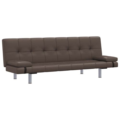 Разтегателен диван с две възглавници, кафяв, изкуствена кожа