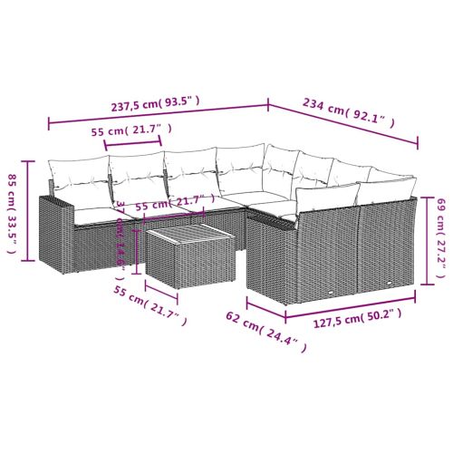Градински комплект диван с възглавници 9 части черен полиратан
