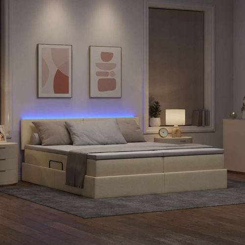 Легло С LED лентисти светлини Кремав 180 x 200 cm текстил