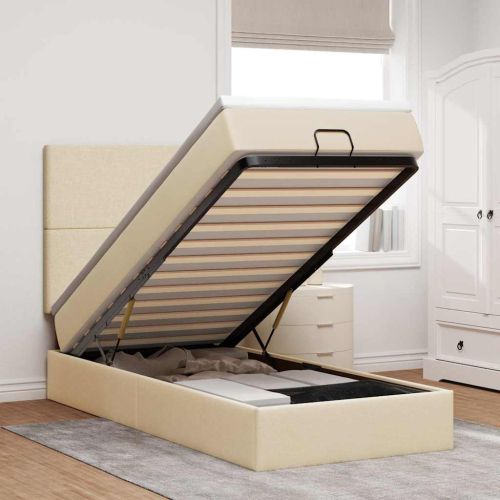 Османска легло с матрак и LED, кремаво, 90x200 см, плат