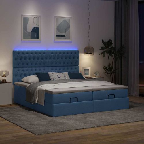 Османска легло с матрак и LED, синьо, 200x200 см, плат