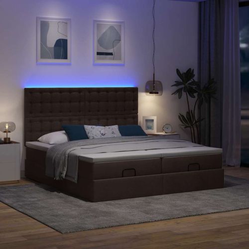Османска легло с матраци и LED, тъмнокафяво, 180x200 см, плат