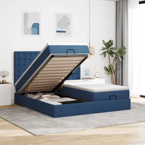 Османска легло с матрак и LED, синьо, 200x200 см, плат