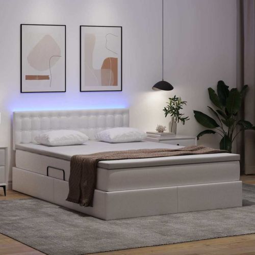 Легло с място за съхранение и LED с LED Чисто бяло 140 x 200 cm