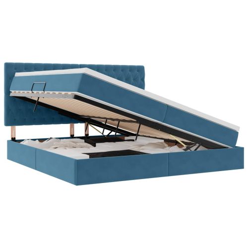Легло с място за съхранение и LED Тъмен син 200 x 200 cm Кадифе