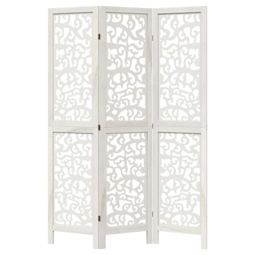 Разделител за стая, 3 панела, бял, дърво пауловния масив