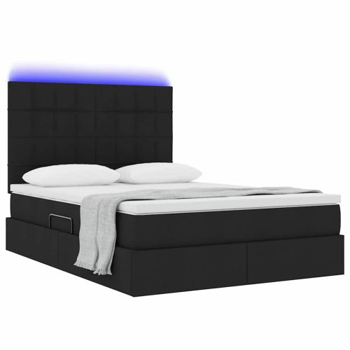Легло с място за съхранение и LED Черно 140 x 200 cm Полиестер