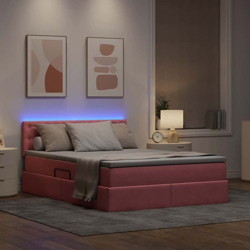 Легло с място за съхранение и LED Розово 140 x 190 cm Кадифе