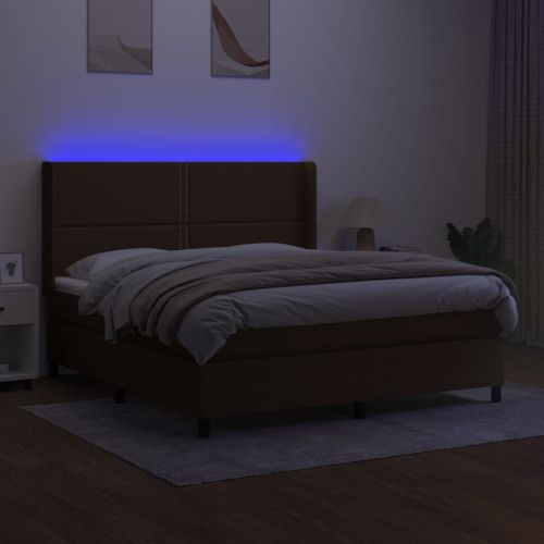 Боксспринг легло с матрак и LED, тъмнокафяво, 180x200 см, плат