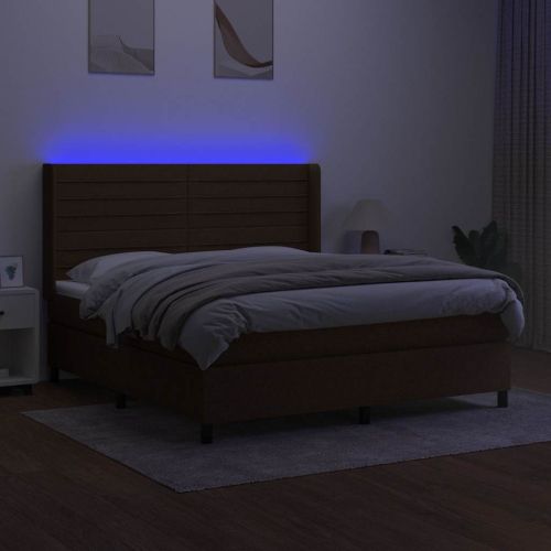 Боксспринг легло с матрак и LED, тъмнокафяво, 180x200 см, плат