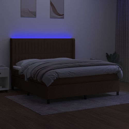 Боксспринг легло с матрак и LED, тъмнокафяво, 180x200 см, плат