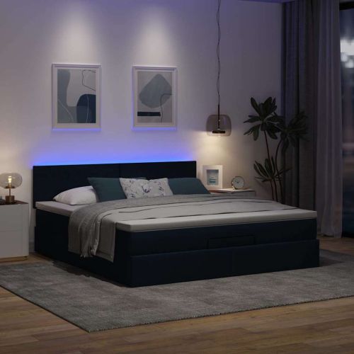Османска легло с матрак и LED, синьо, 160x200 см, плат