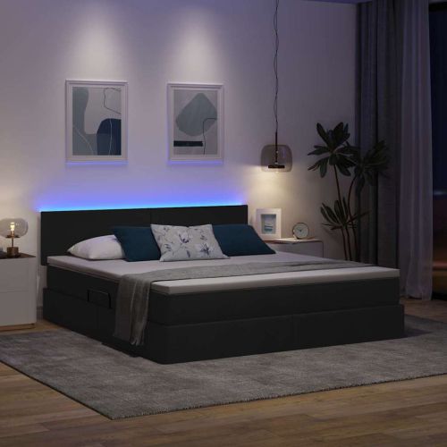 Легло с място за съхранение и LED Черно 160 x 200 cm текстил