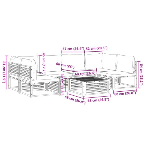 Градински комплект диван, 7 части, с възглавници, акация масив