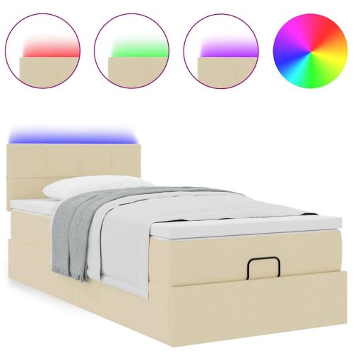 Османска легло с матрак и LED, кремаво, 90x200 см, плат