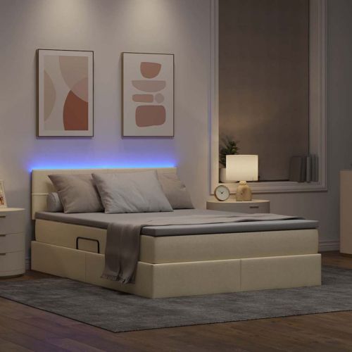 Легло с място за съхранение и LED Кремав 140 x 190 cm текстил