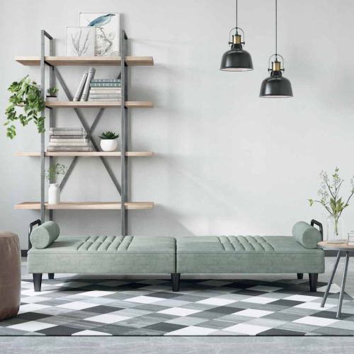 Разтегателно канапе с подлакътници, светлосиво, кадифе