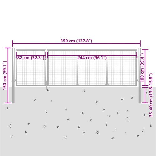 Градинска порта, стомана, 350x100 см, сребриста
